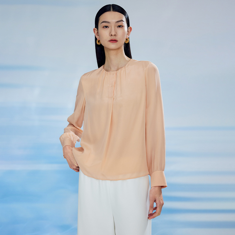 寺山文也 妍容/真丝双绉简约通勤半开襟碎褶圆领衬衫春夏女