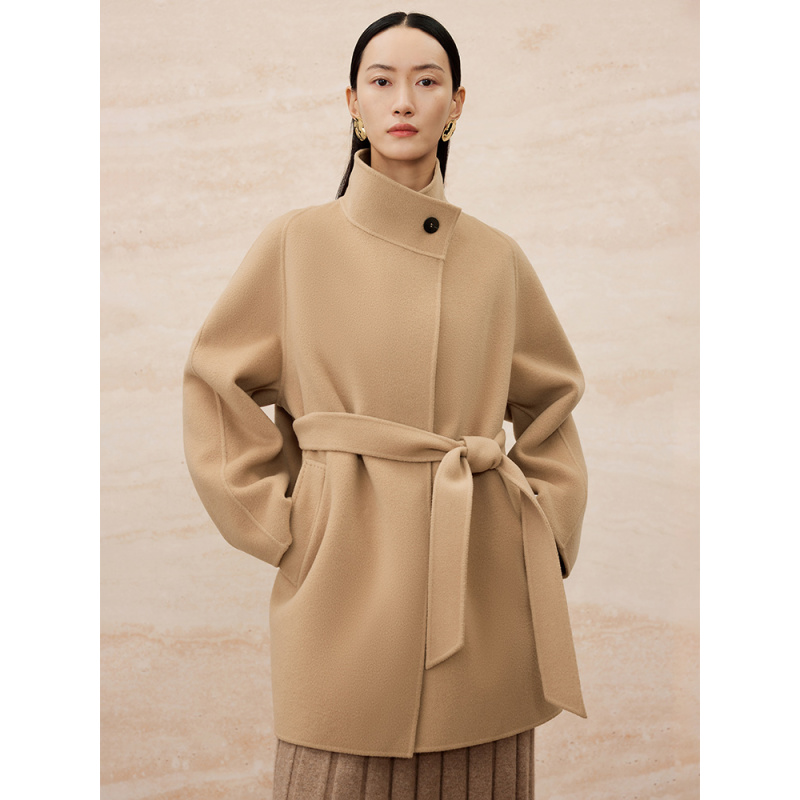 寺山文也 鸣筝/羊毛双面呢立领一粒扣秋冬小个子中长款大衣女