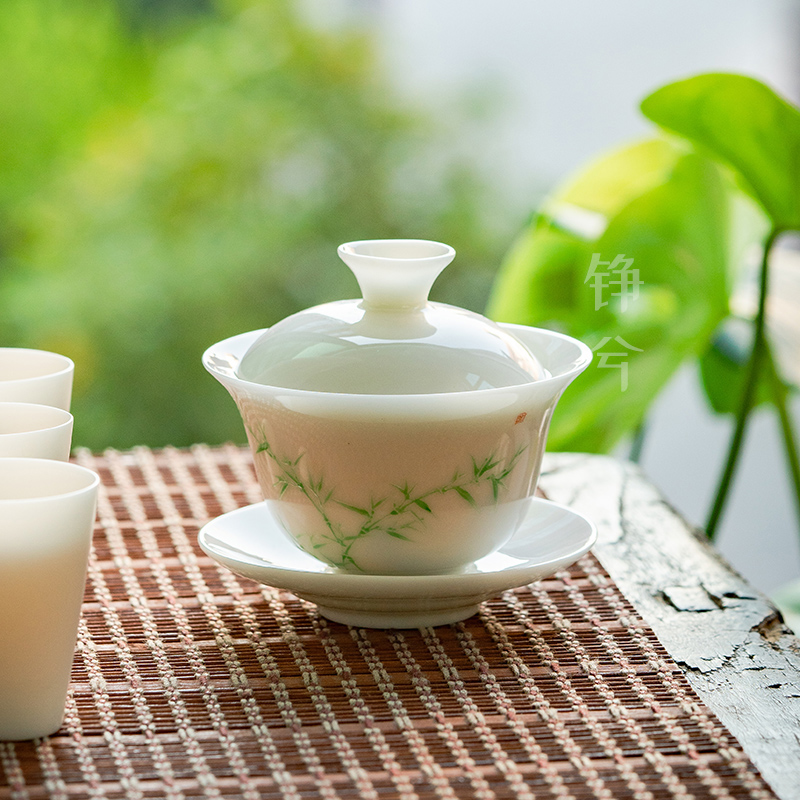 冰种羊脂玉瓷手工手绘防烫女士高档茶盖碗带盖茶道茶具套装瓷盖碗