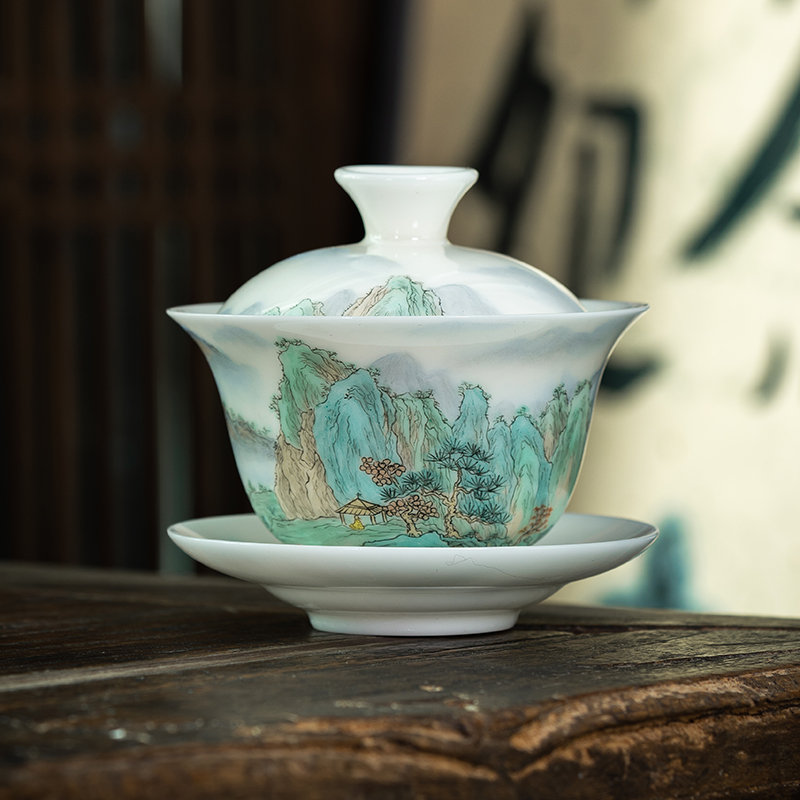 冰种羊脂玉陶瓷三才盖碗高端茶器高档送礼茶具白瓷纯手绘盖碗茶碗