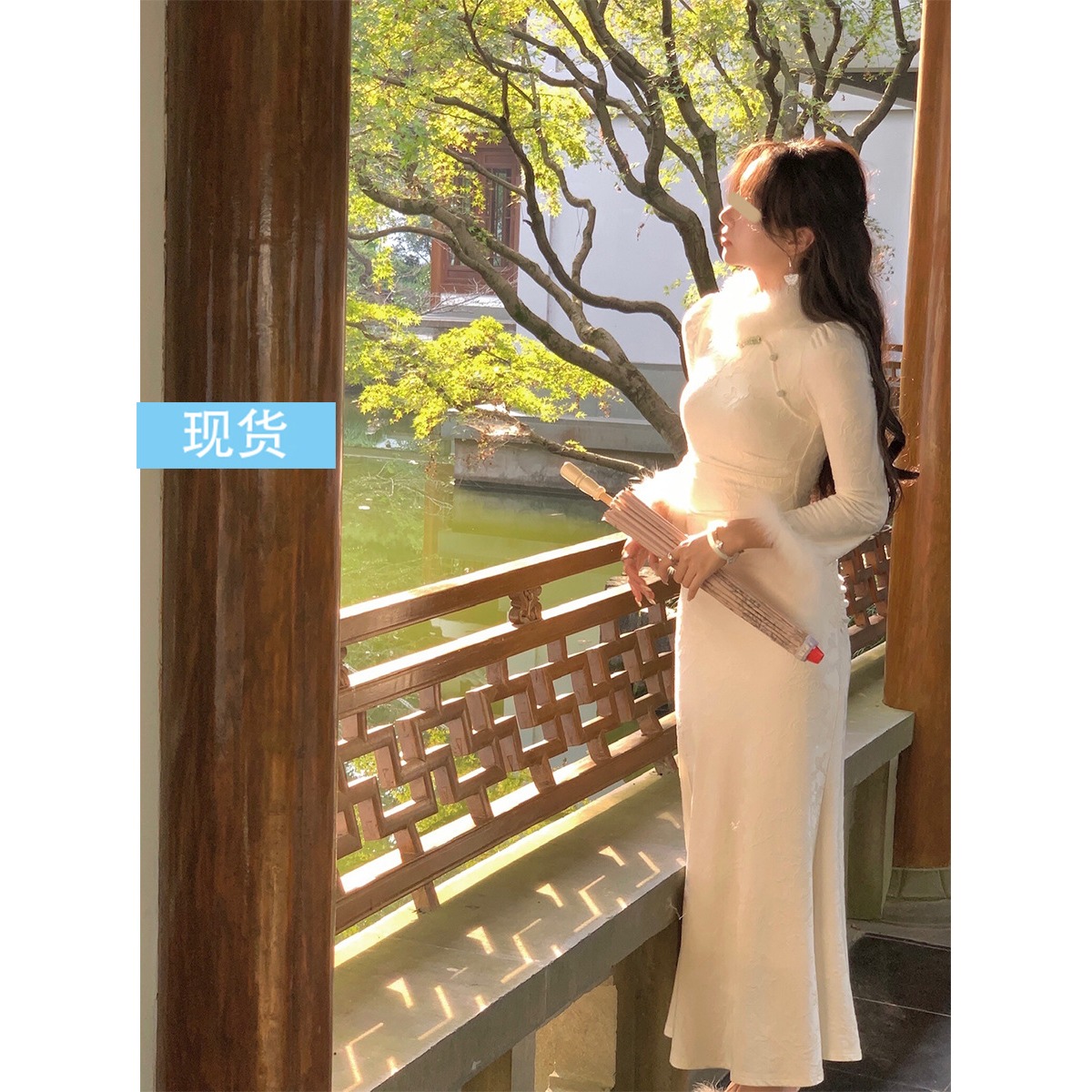 （加绒不透）毛领旗袍长袖连衣裙女2023新款秋冬气质感小众长裙子