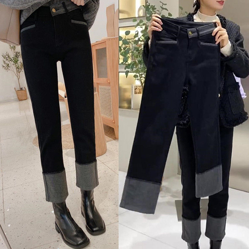 撞色弹力直筒九分牛仔裤女秋冬大码梨形身材穿搭胖妹妹显瘦烟管裤