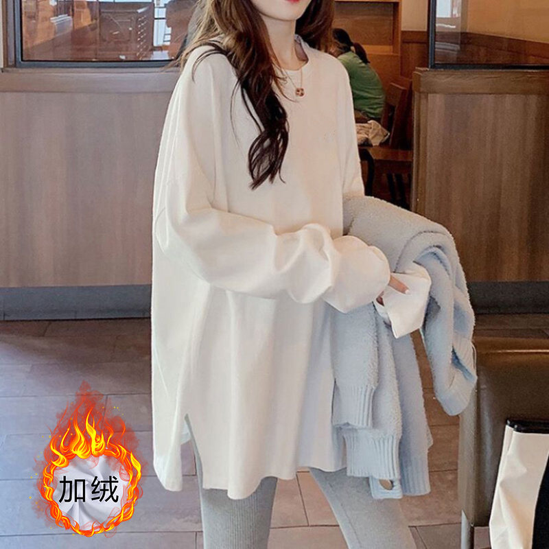 德绒中长款白色打底衫女装秋冬磨毛加厚内搭时尚长袖宽松加绒T恤