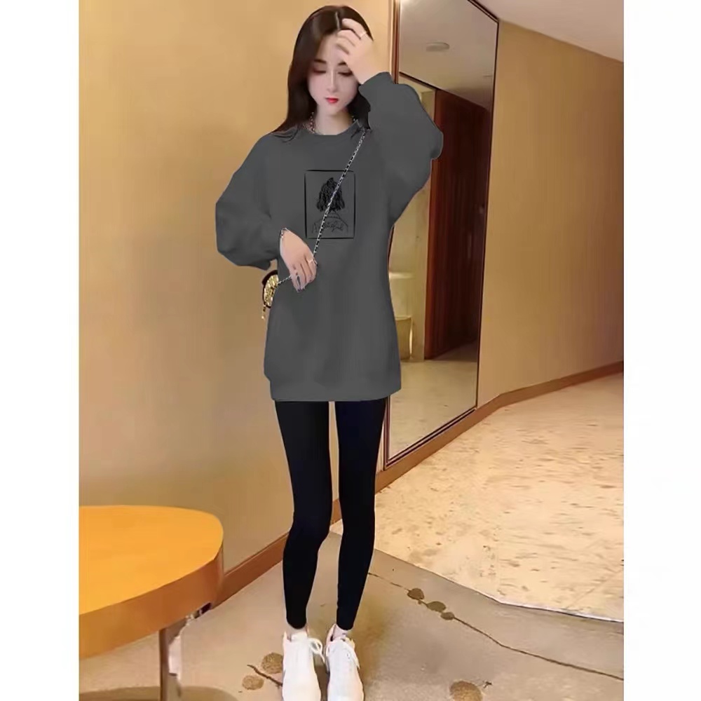 棉秋冬季新款加绒加厚修身中长款欧货卫衣女灰色遮肚显瘦上衣潮