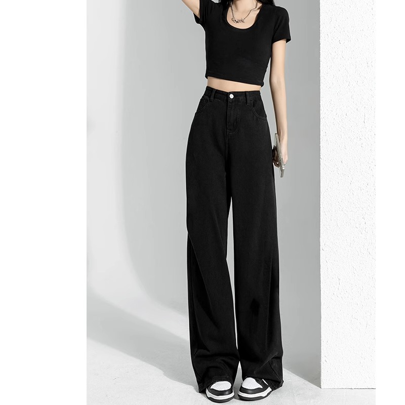 黑色阔腿牛仔裤女秋冬2023新款加绒高腰宽松直筒加长拖地裤高个子