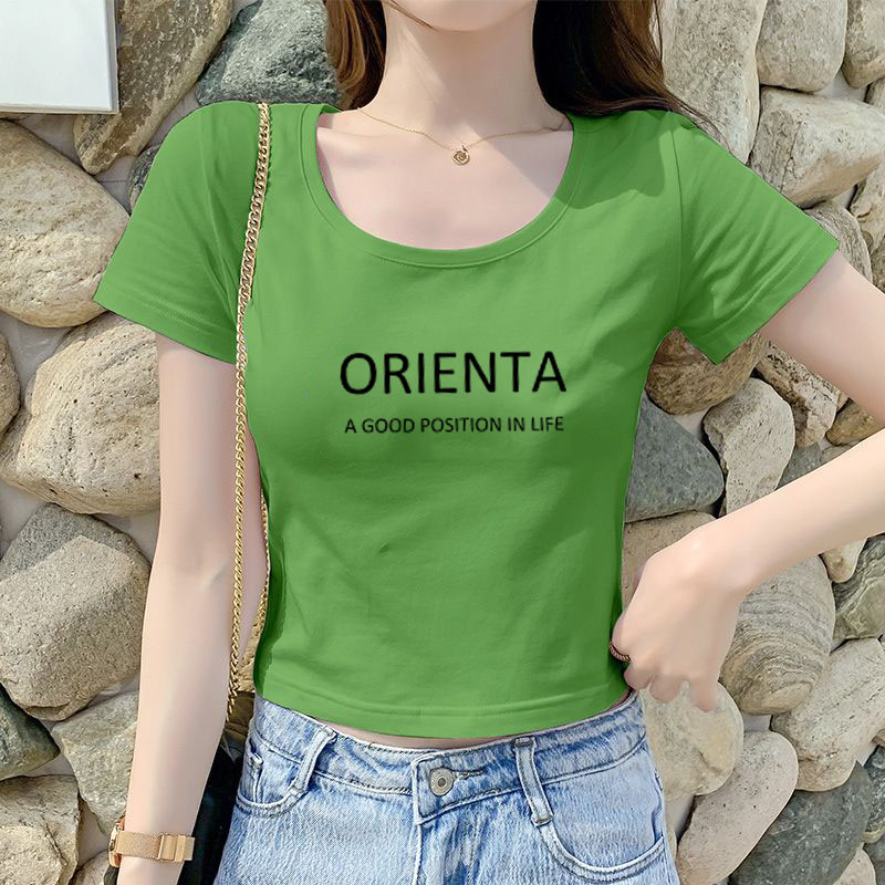 短款纯色T恤女修身V领夏季新款韩版百搭显瘦紧身高腰露肚脐上衣女