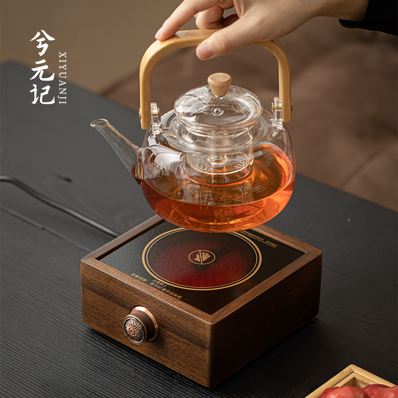 胡桃木电陶炉煮茶器加厚耐高温玻璃蒸煮一体养生泡茶壶围炉煮茶炉
