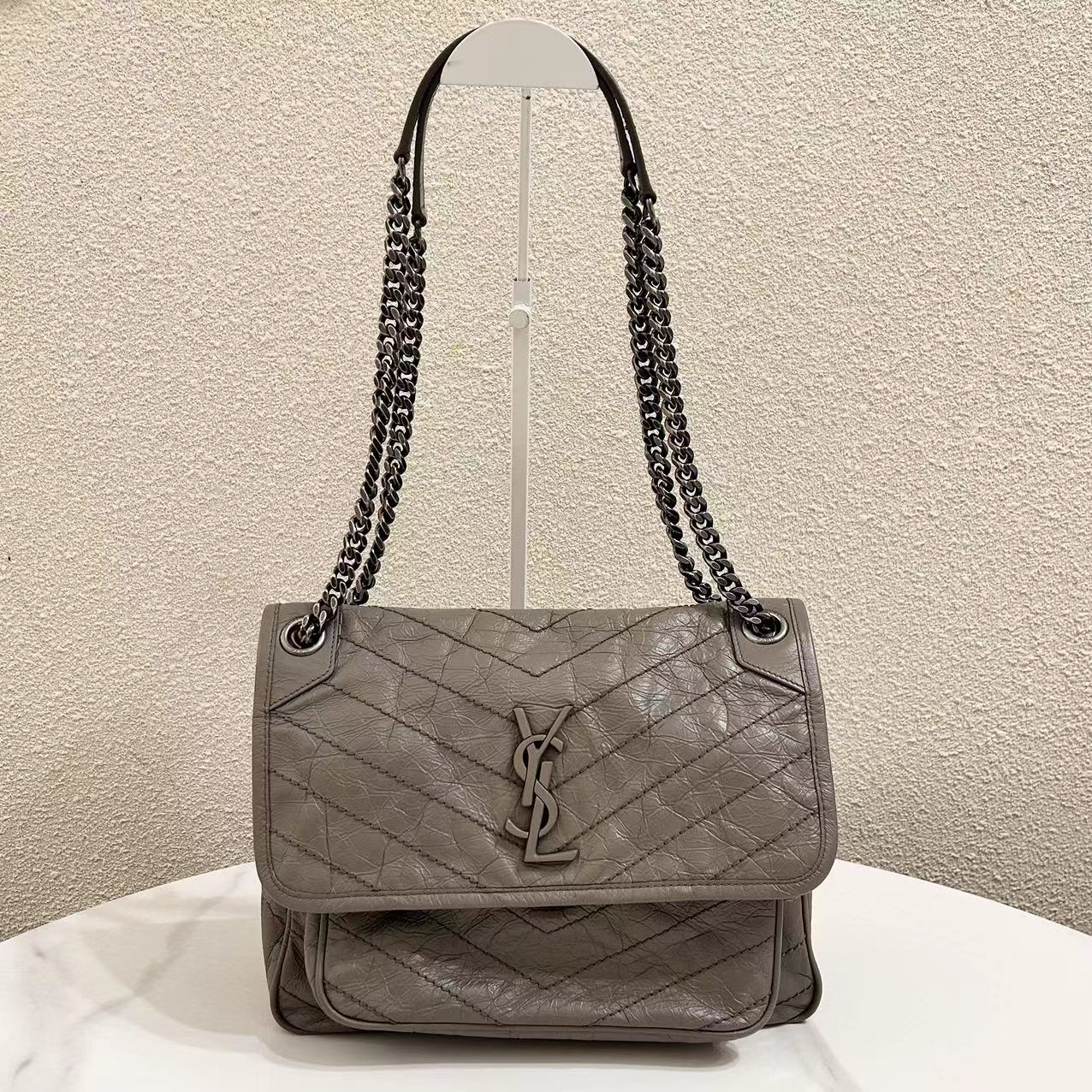 99新  蔚蓝/YSL 圣罗兰/ 风暴灰 niki 中号 链条包 /超难买