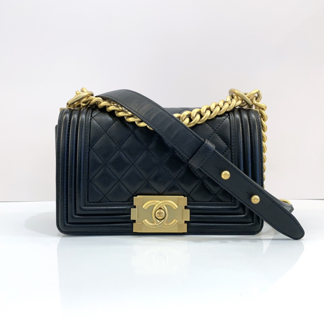 95新 Chanel/香奈儿 蔚蓝 /黑金光面牛 小号 leboy 链条包 27开