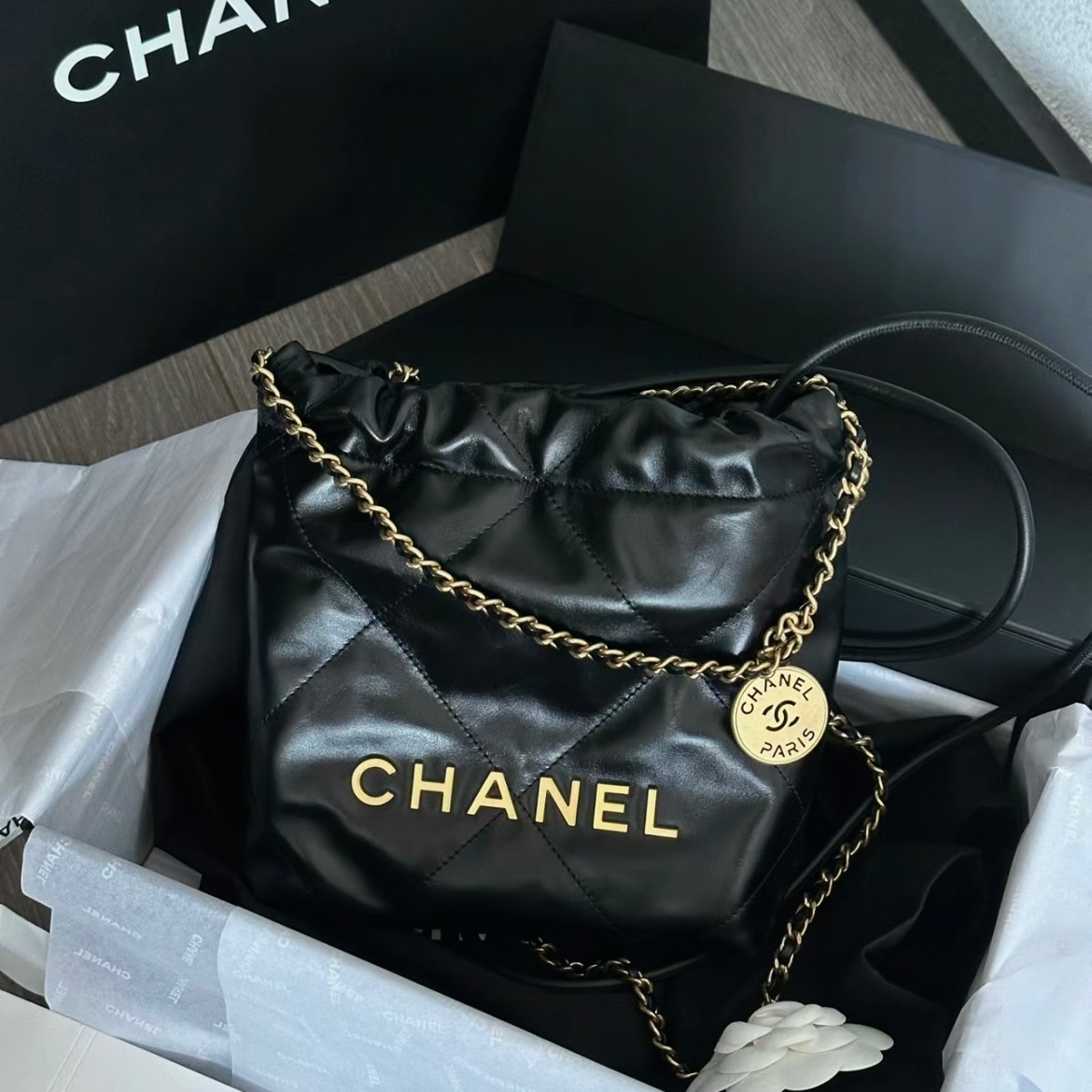 全新未使用 Chanel/香奈儿 蔚蓝/黑金 mini  22bag  