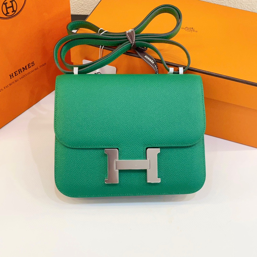 99新 Hermes/爱马仕 7姐专场/竹子绿 康康 19 银扣 斜挎包
