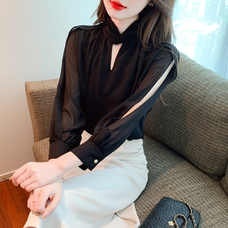 雪纺气质长袖镂空衬衫女春轻熟时尚显瘦上衣百搭气质减龄小衫181