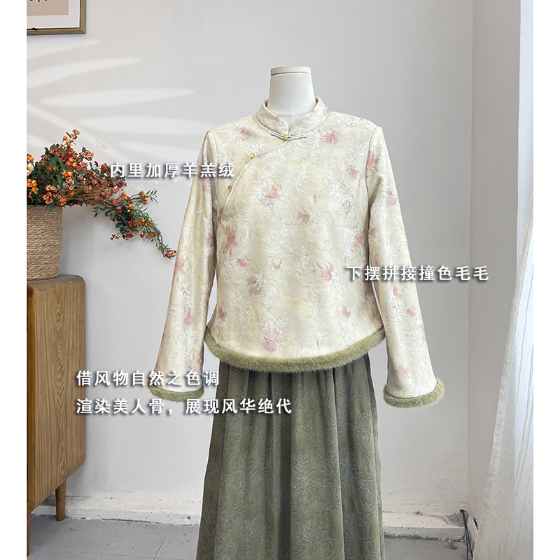 4141《明艳动人》原创秋冬国风印花衬衫气质内里加厚羊羔绒上衣