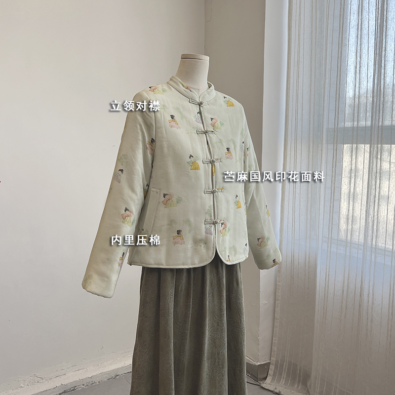 4159《清泪伊人醉》原创秋冬新中式苎麻印花压棉外套立领加厚棉服