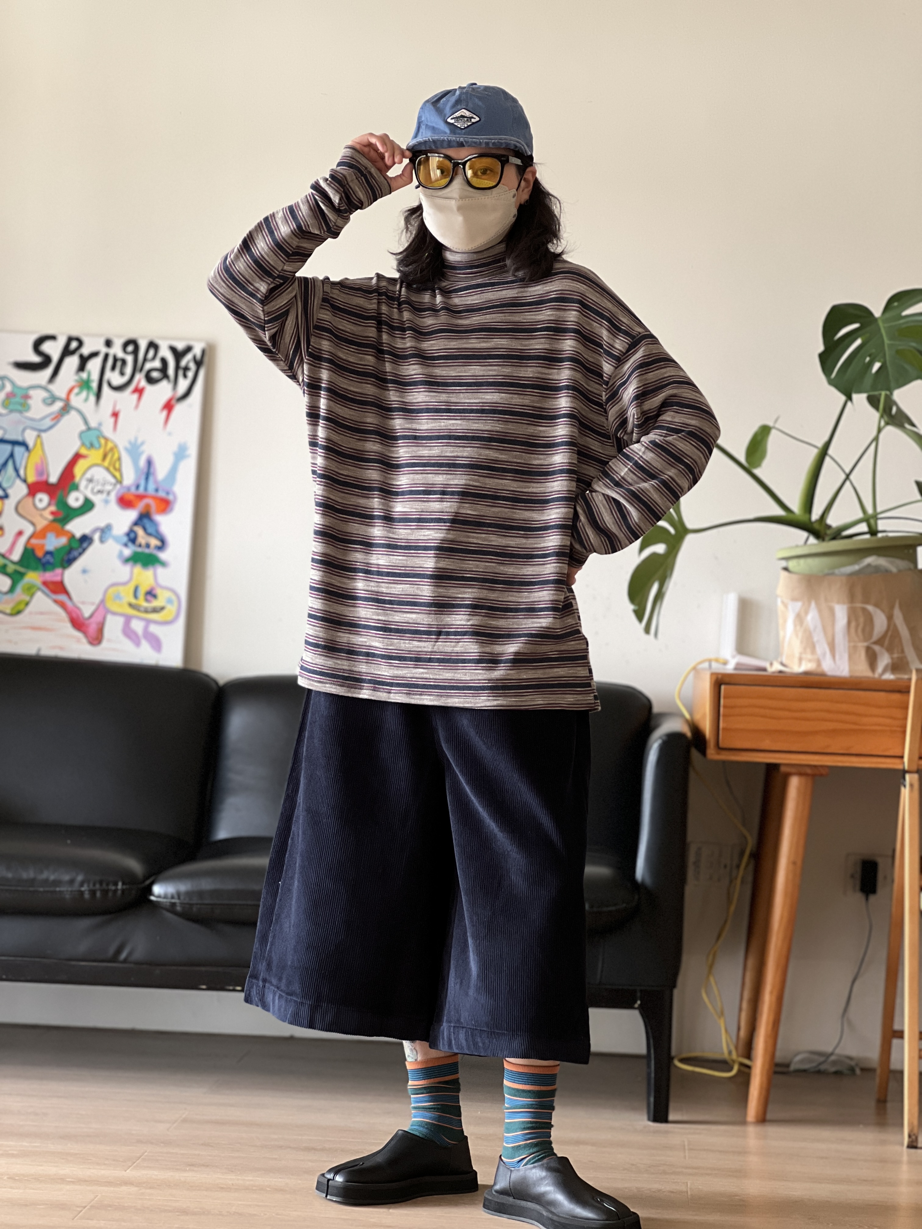 日系复古条纹高领大宽松松弛感打底T恤