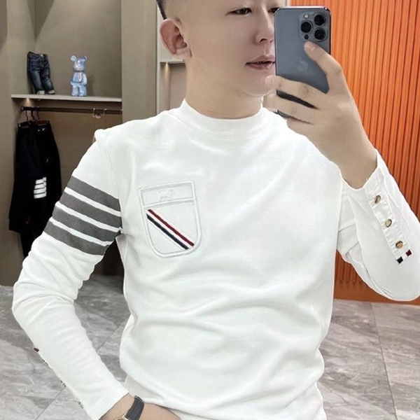 男士春秋季套头印花四杠圆领打底衫潮流时尚贴兜休闲卫衣t恤上衣