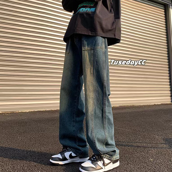 美式复古牛仔裤男水洗做旧高级帅气显高运动新款宽松直筒百搭裤子