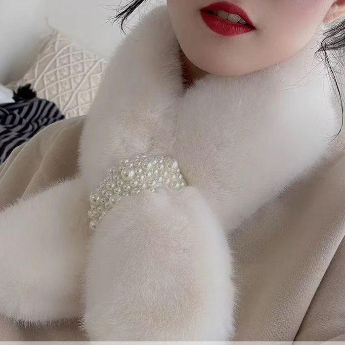 秋冬百搭仿珍珠毛毛绒仿獭兔毛围脖交叉纯色加厚气质保暖韩版