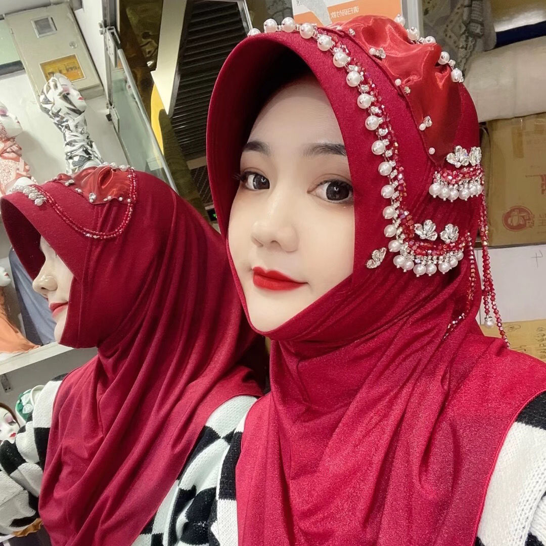 新款绑带两件套硬帽檐星淘纱面料重工流苏帽檐回族盖头