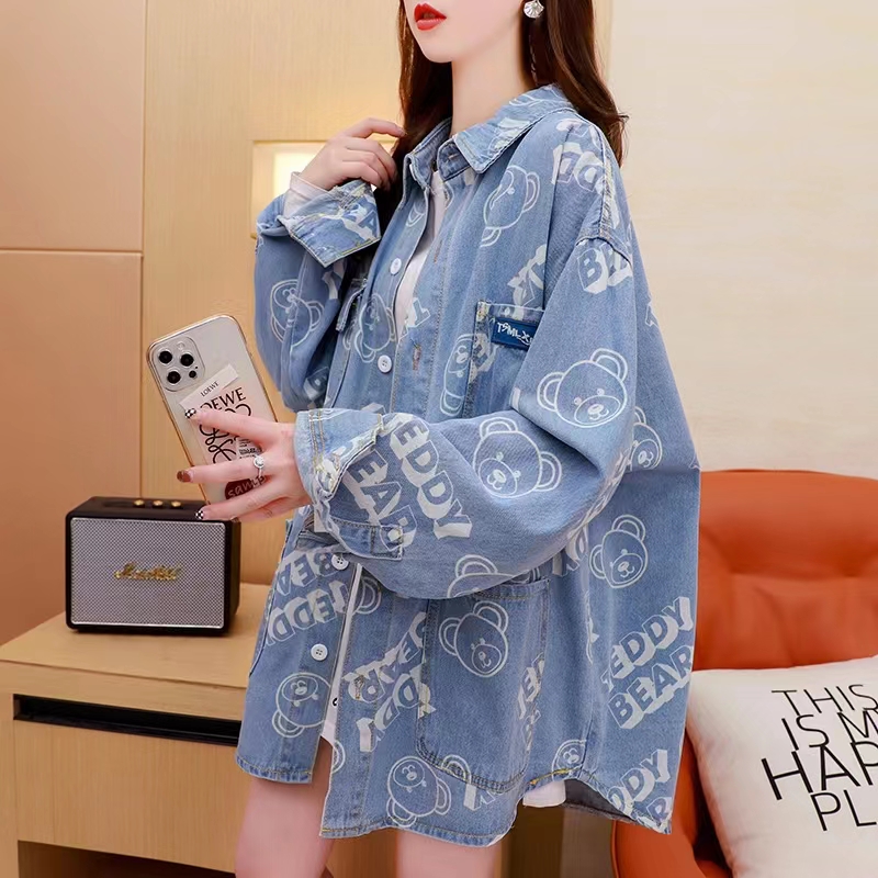 编码131-135衬衫长袖牛仔休闲复古百搭百搭印花春季【乐物汇】