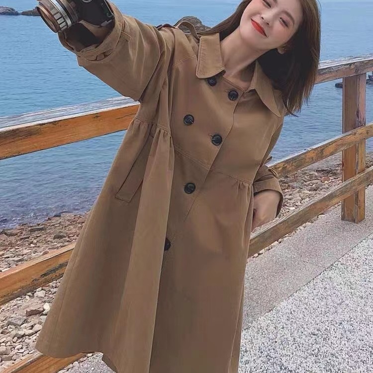 编码151-155春秋显瘦双排扣收腰中长款风衣【乐物汇】