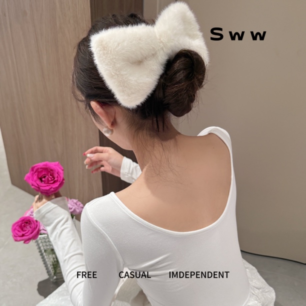 SWW手工超大毛绒蝴蝶结可爱气质百搭显瘦发夹鸭嘴夹
