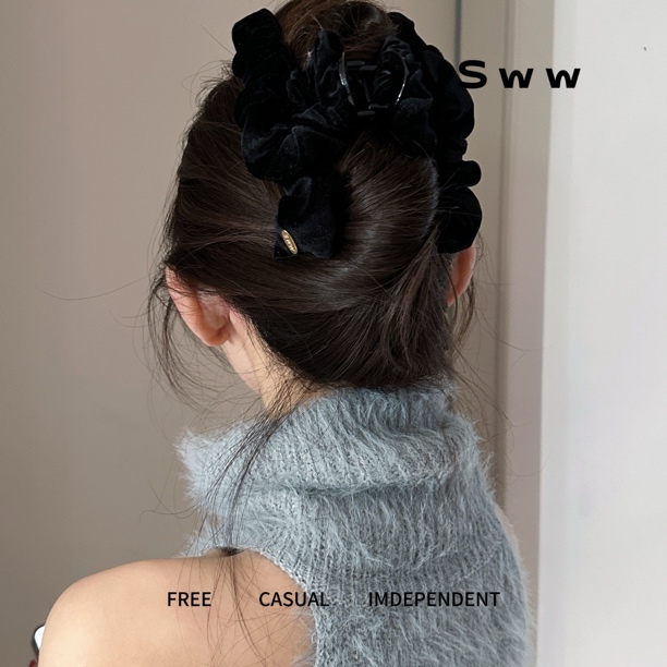 SWW法式简约复古丝绒褶皱云朵显发量后脑勺抓夹