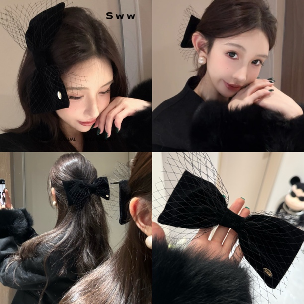 SWW富贵千金丝绒拼接蕾丝网纱一字弹簧夹气质复古发夹