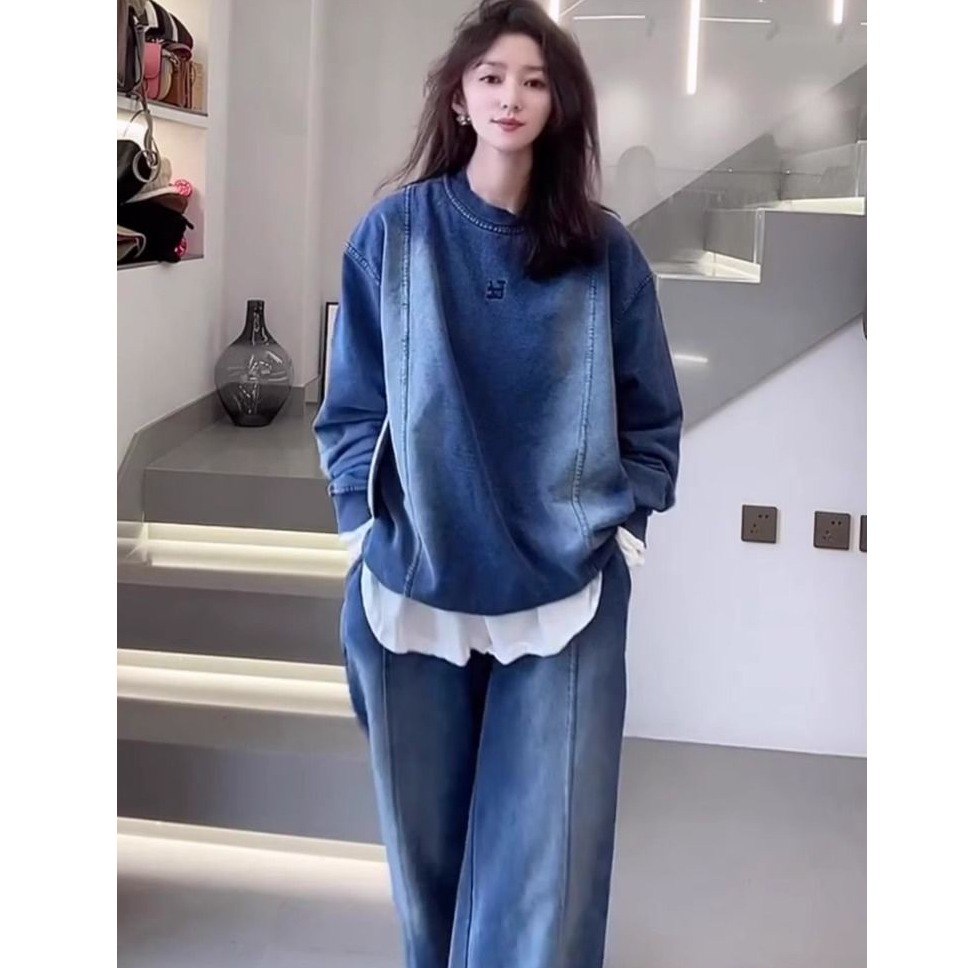 欧货宽松牛仔卫衣慵懒风又a又飒两件套装秋冬新款搭配出游服装女
