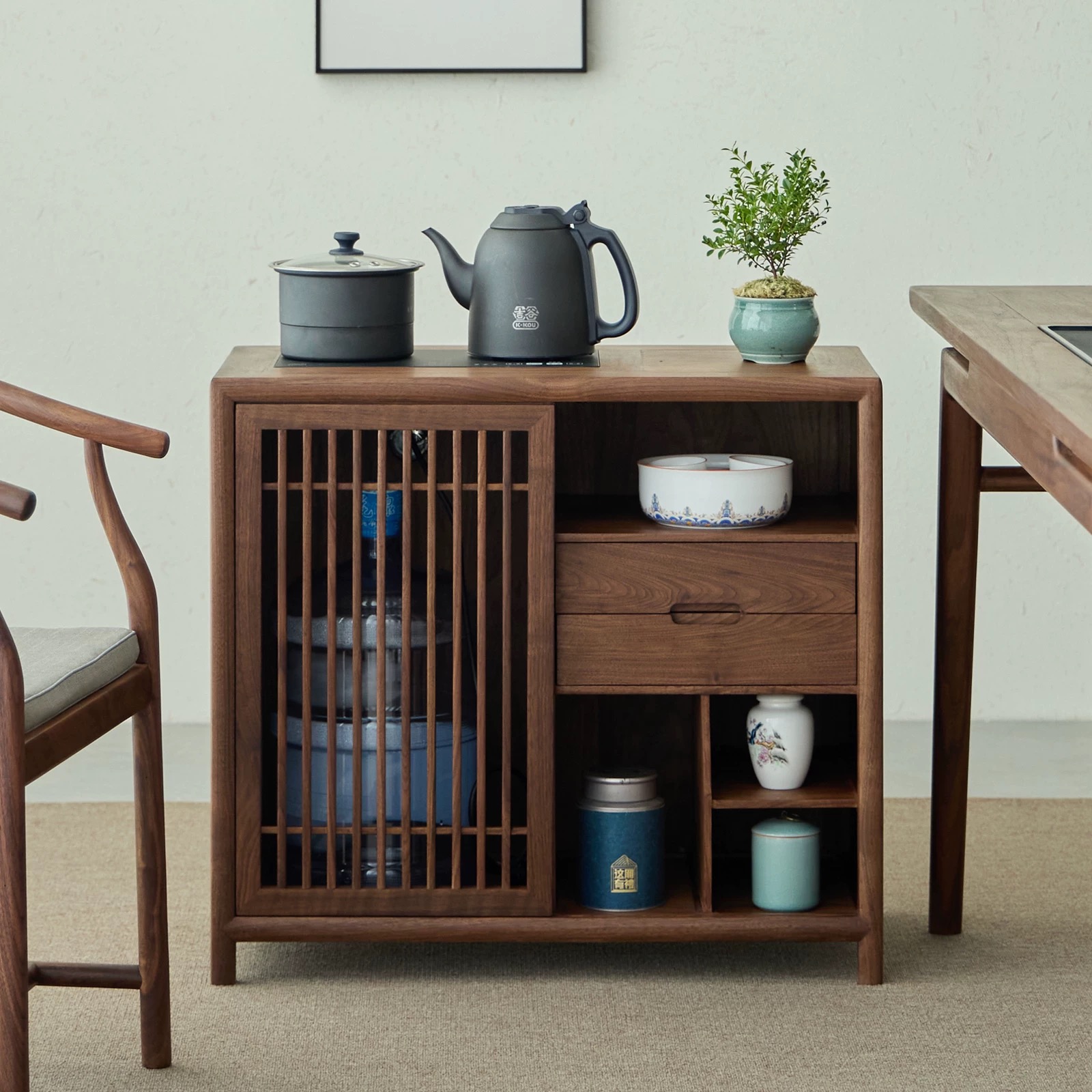 新中式实木茶水柜黑胡桃木茶边柜侧柜烧水壶一体茶室茶水台边几
