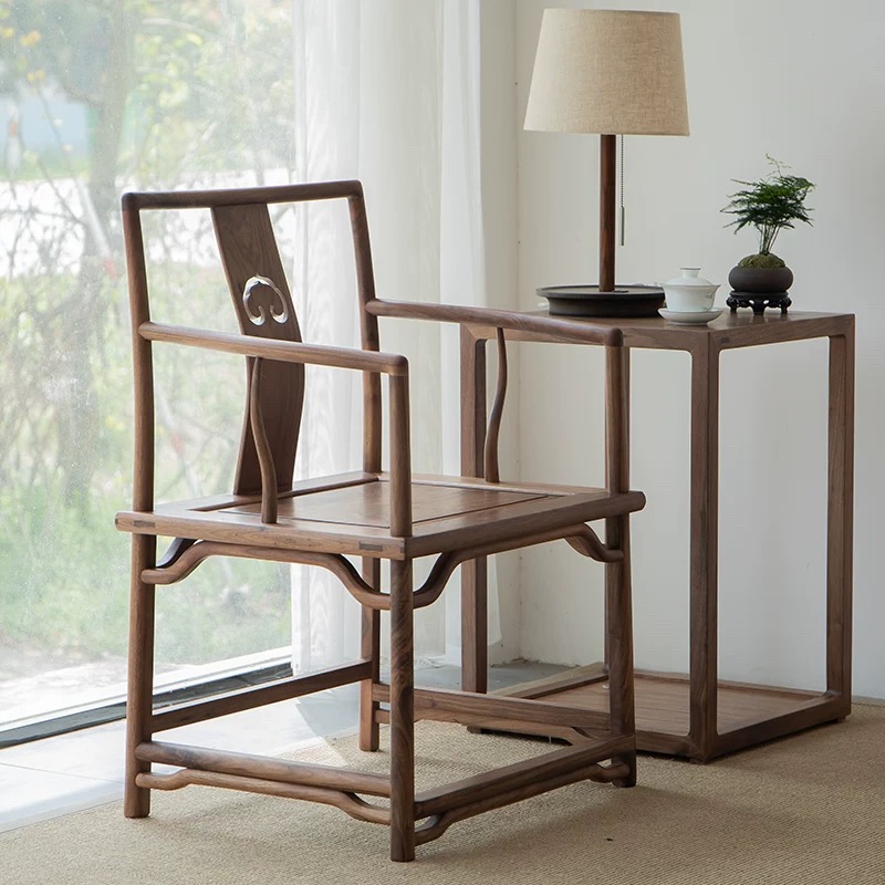 新中式书房南官帽椅黑胡桃实木茶椅简约太师椅圈椅老榆木椅子餐椅