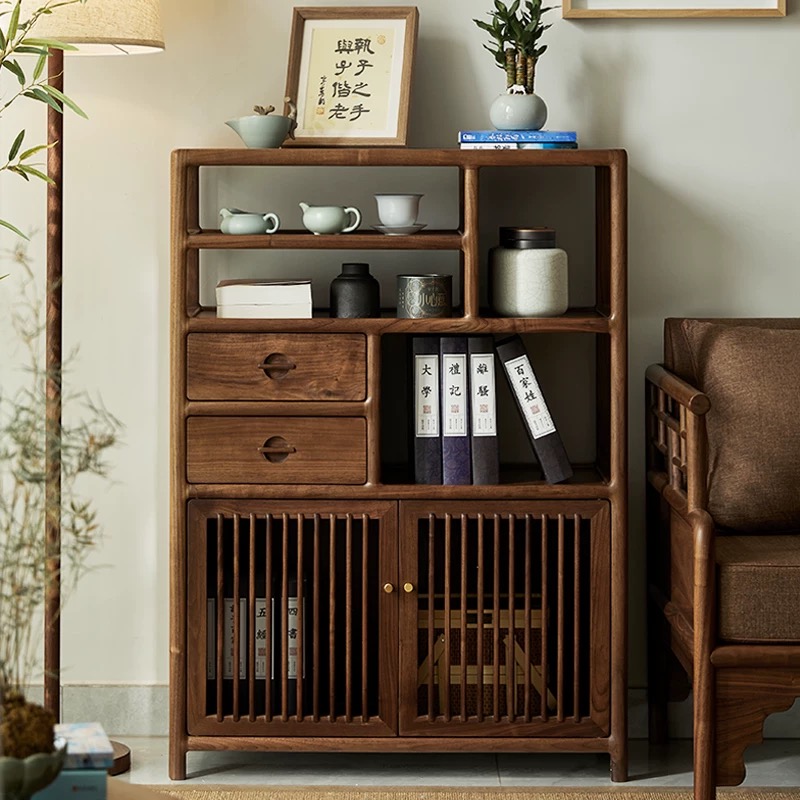 新中式黑胡桃木茶叶柜禅意收纳柜实木博古架储物柜多宝阁墙边柜