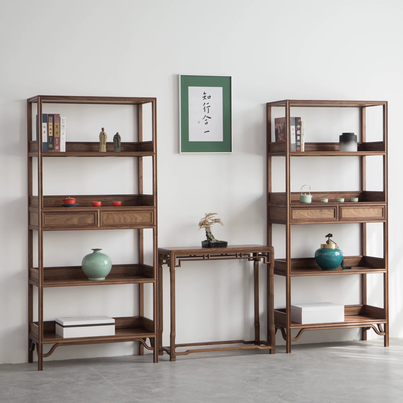 新中式黑胡桃木书架实木书柜展柜禅意茶架置物架客厅老榆木博古架