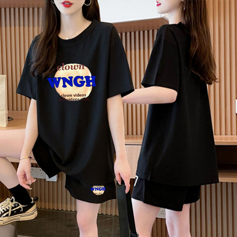 夏季纯棉休闲短袖T恤+短裤两件套女2024新款韩版胖mm宽松运动套装