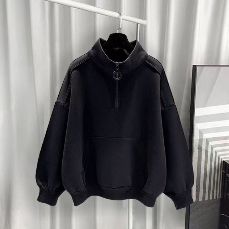港风半高领2023新款卫衣男加绒潮流百搭宽松拉链纯色男生衣服长袖