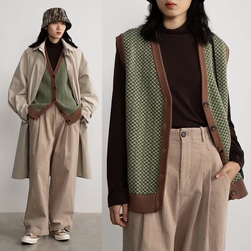 2023秋季宽松美式潮流百搭咖色复古针织开衫背心毛衣马甲男女日系