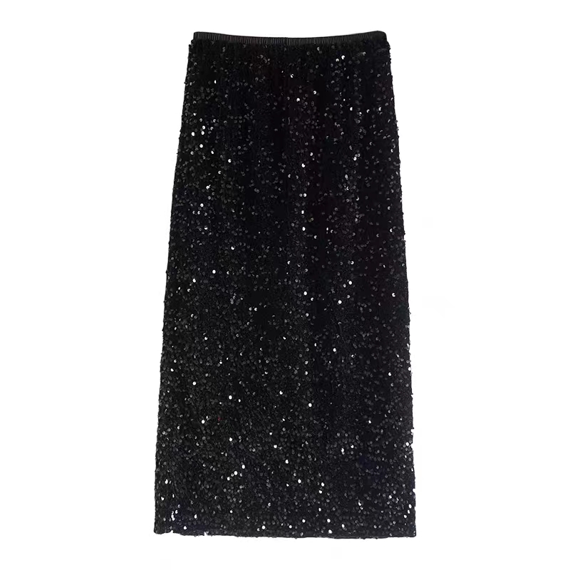  刺绣珠片开叉百搭名媛高腰显瘦黑色秋冬中长款半身裙