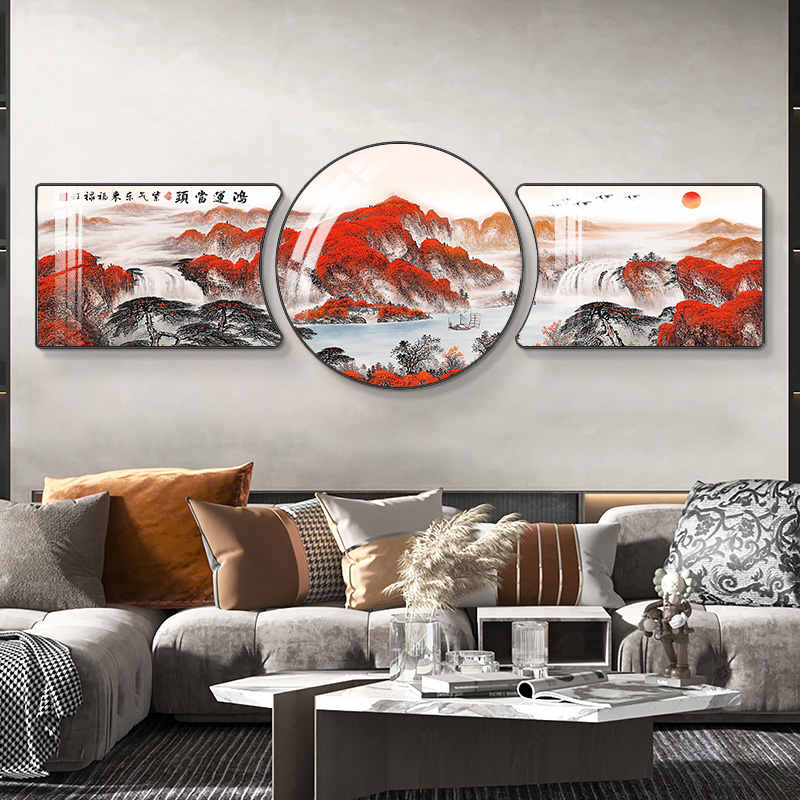 【2025】鸿运当头客厅装饰画晶瓷镶钻轻奢三联画组合壁画