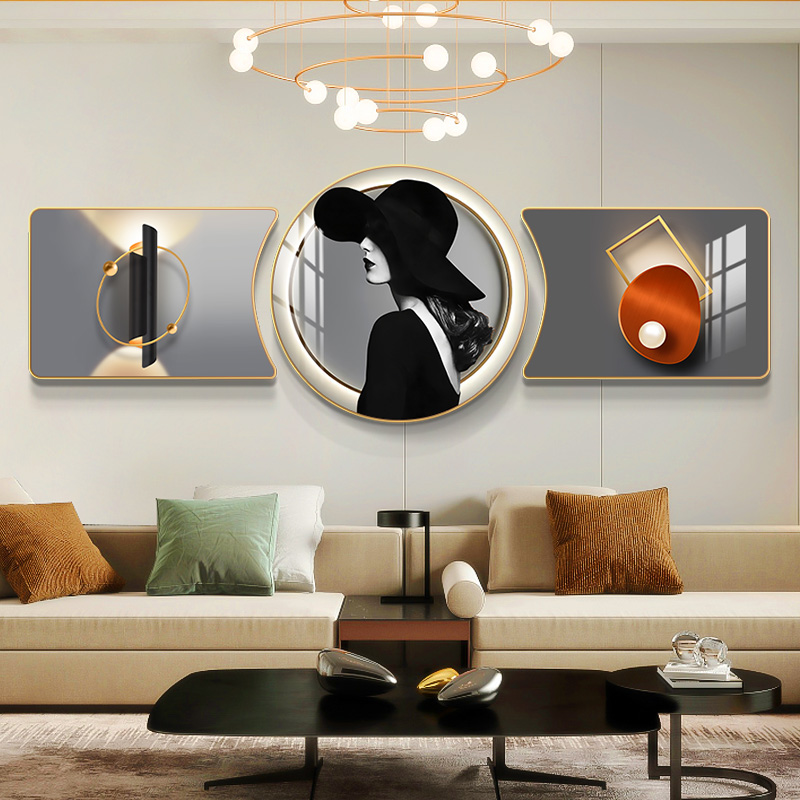 【2025】摩登女郎客厅装饰画晶瓷镶钻轻奢三联画组合