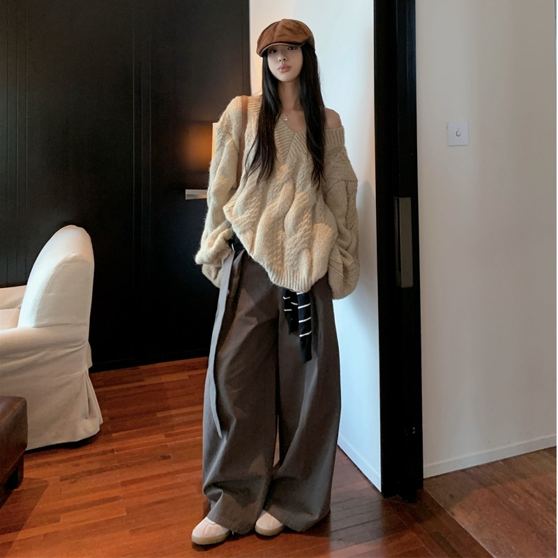 秋冬新款韩版宽松慵懒风V领麻花套头毛衣女休闲百搭针织上衣