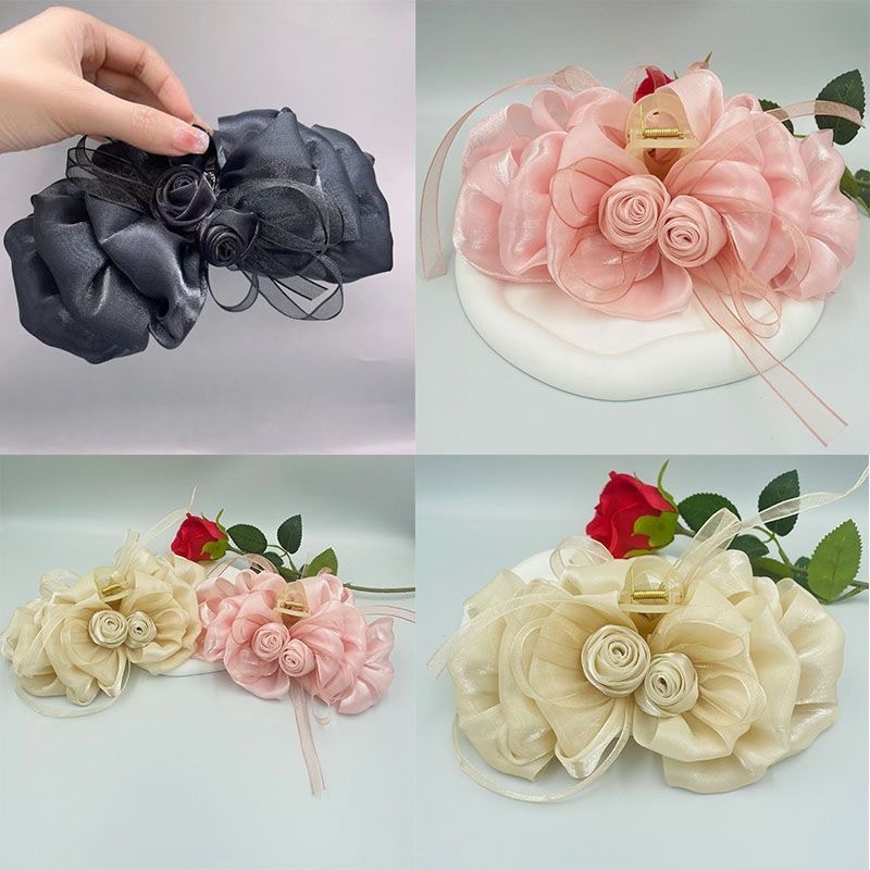 颜值玫瑰缎面公主蝴蝶结大抓夹增发量高颅顶宫廷包头新娘头饰新款