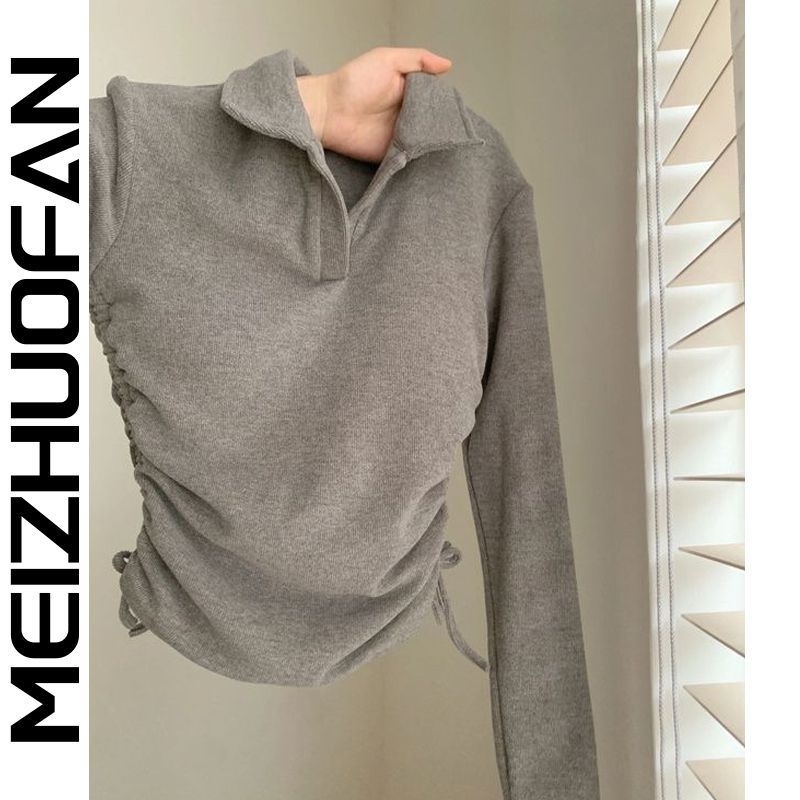 美式正肩德绒加厚掐腰打底衫女内搭紧身抽褶领加绒长袖恤冬