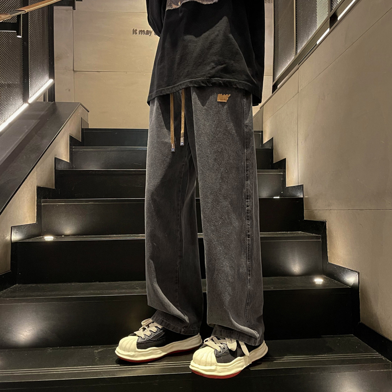 古玛拉抽绳阔腿牛仔裤男款春夏季直筒宽松美式高街vibe潮牌休闲裤