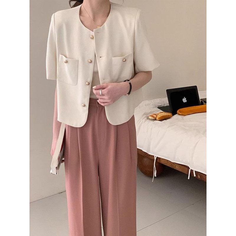 小香风气质白色短袖外套女夏季大码宽松韩系高级名媛短款西装上衣