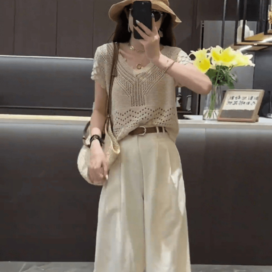 夏季穿搭一整套新款复古设计感镂空短袖上衣高腰显瘦阔腿九分裤女