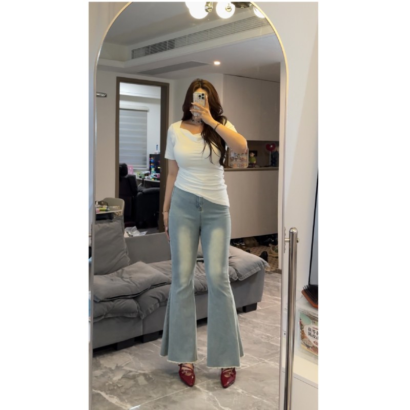 胖mm大码显瘦高腰收腹渐变鱼尾喇叭牛仔裤女辣妹外穿修身垂感5898