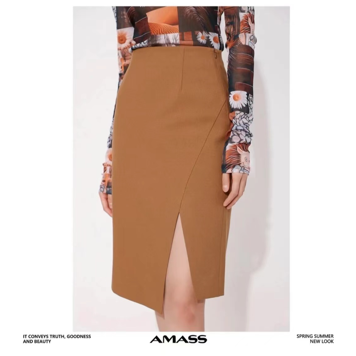 AMASS/阿玛施新款气质通勤半身裙5200375高腰显瘦过膝开叉灰色黑