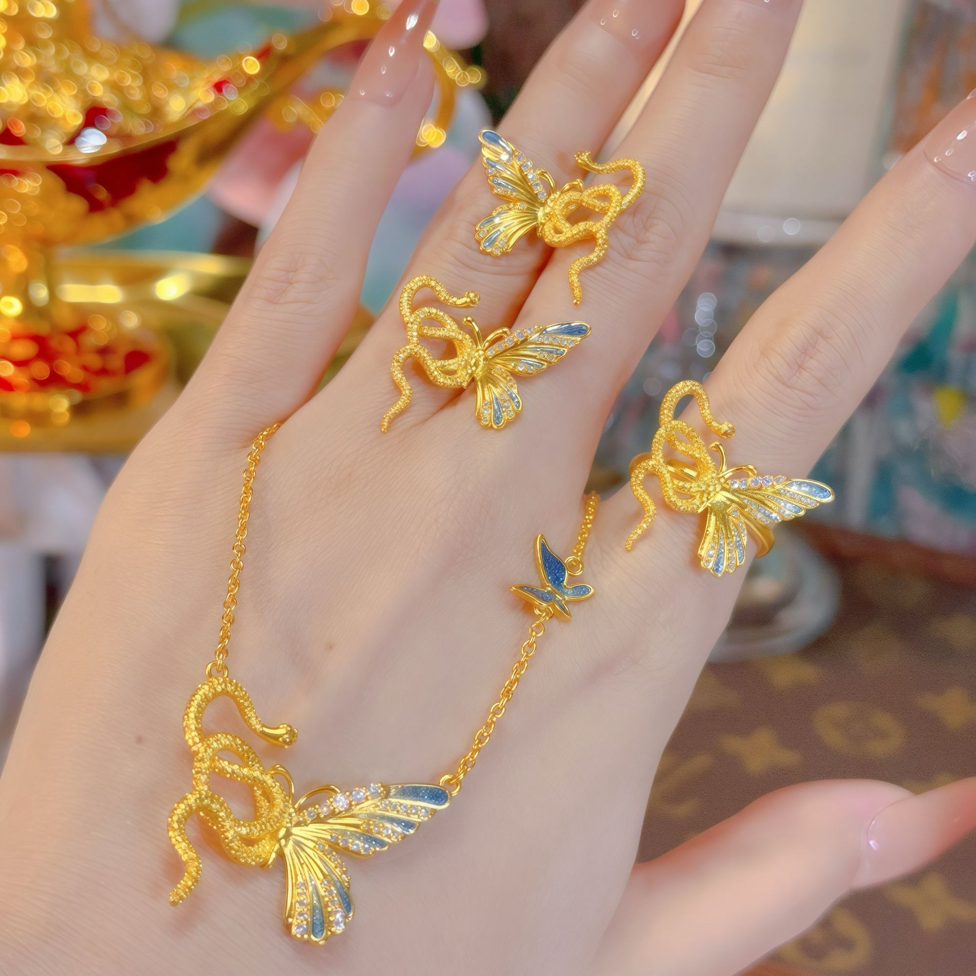 【苏妮法】足金999灵蛇蝴蝶古法镶嵌女戒6.07 耳钉7.06 项链11.39