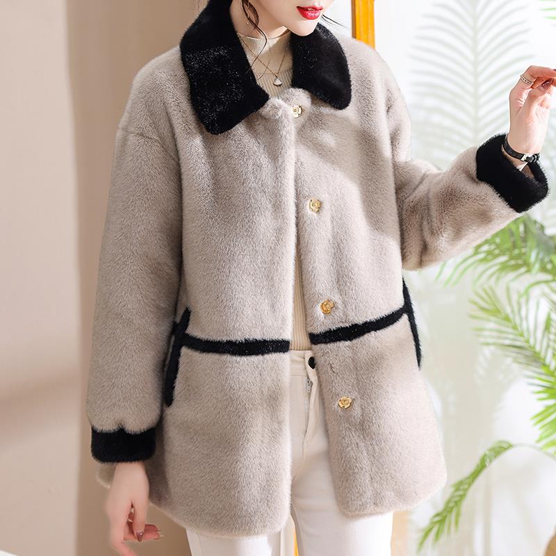 恒源祥彩羊年妈妈冬装水貂绒皮毛一体大衣中老年女冬中长款洋