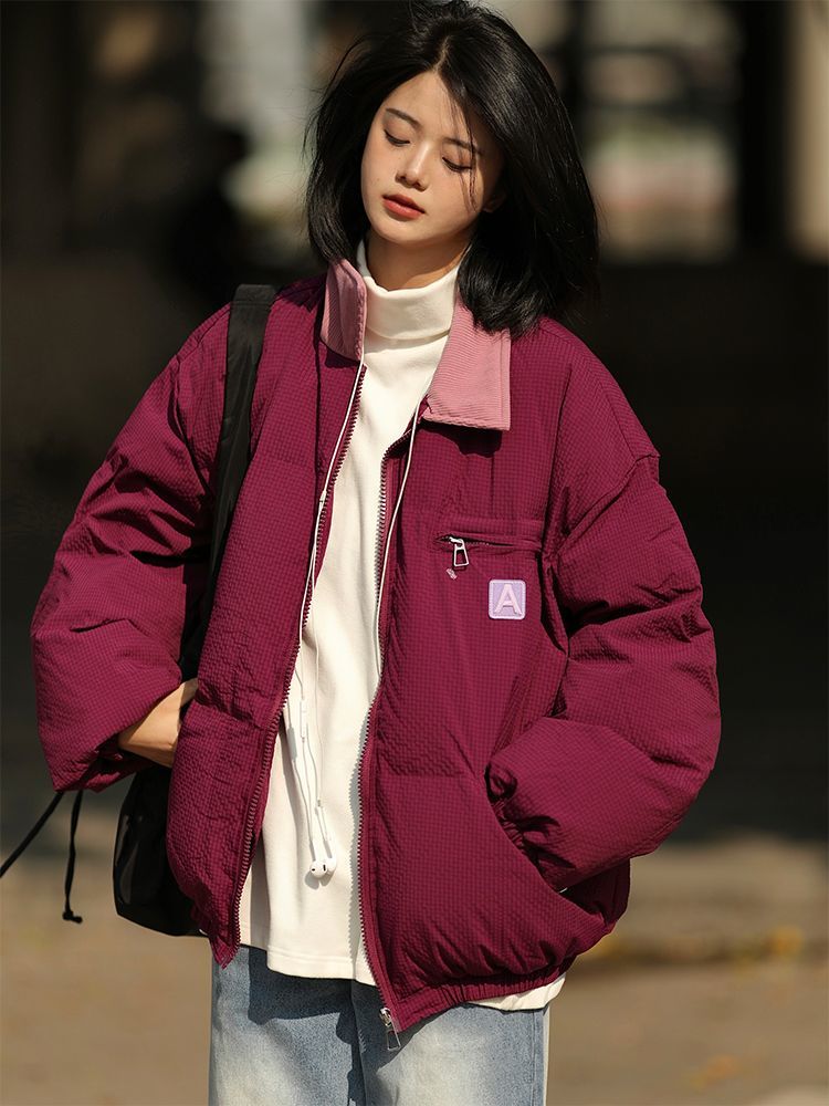 复古肌理格纹翻领棉衣男女冬季新款ins宽松情侣百搭加厚棉服外套